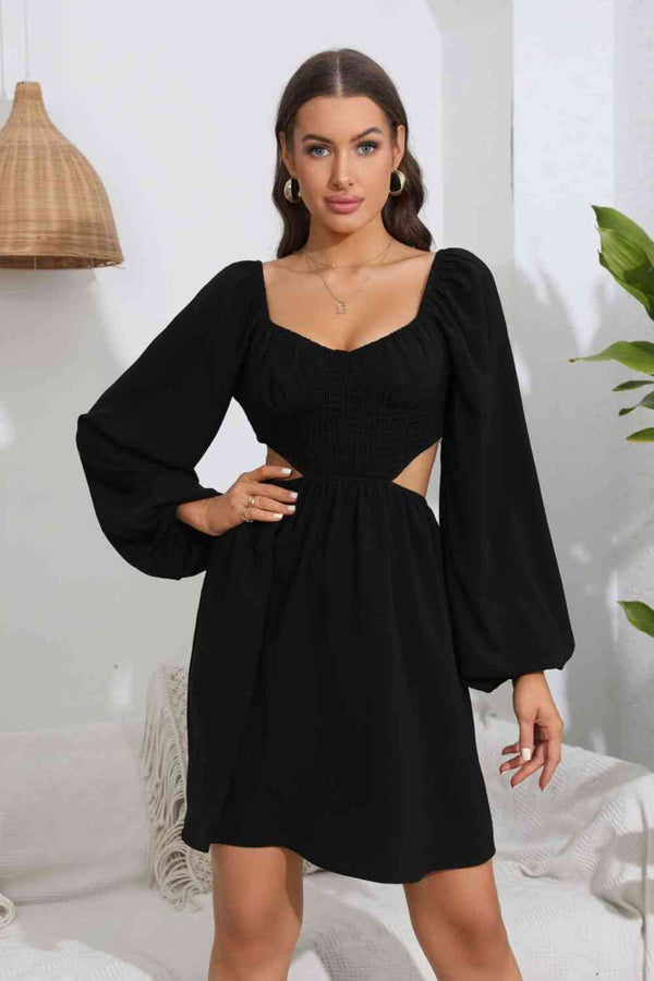 dress, dresses, black dress, long sleeve dress, long sleeve black dress, casual black dresses, daytime black dresses, waist cutout dresses, new womens fashion, womens clothing, balloon sleeve dress, vacation dress, black clothes, sexy casual dress, long sleeve short dresses, tiktok fashion, popular dresses, fashion webistes, kesley boutique 