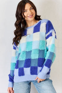 Checkered Round Neck Long Sleeve Fashion Sweater