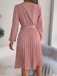 Ditsy Floral Tie Waist Pleated Long Sleeve Dress Women's Casual Wear and Workwear Fashion