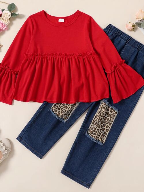 Ruffle Trim Top and Leopard Pants Set Girl Fashion Kids Clothing