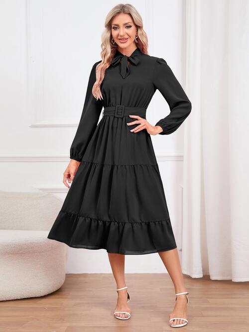 Womens Fashion Tie Neck Long Sleeve Tiered Midi Dress