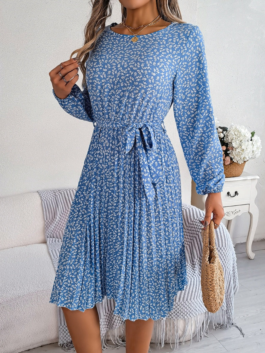 Ditsy Floral Tie Waist Pleated Long Sleeve Dress Women's Casual Wear and Workwear Fashion