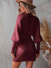 Women's Fashion Long Open Sweater Belted Surplice Lantern Sleeve Wrap Sweater Dress