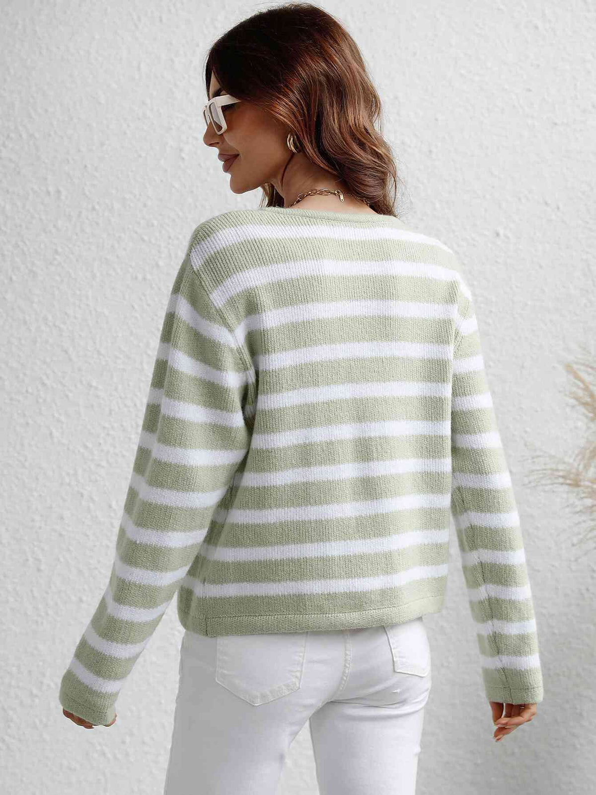 Womens Open Sweater with Buttons Striped Button Front Cardigan