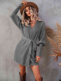 Women's Fashion Long Open Sweater Belted Surplice Lantern Sleeve Wrap Sweater Dress