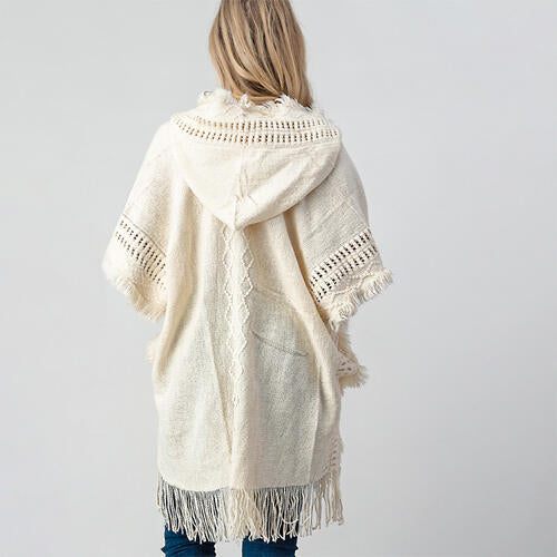 Fringed Crochet Buttoned Hooded Throw Over Fashion Sweater Poncho