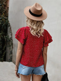 Ruffled Polka Dot Round Neck Short Sleeve Blouse