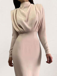 Womens Mock Neck Ruched Turtleneck Long Sleeve Midi Dress