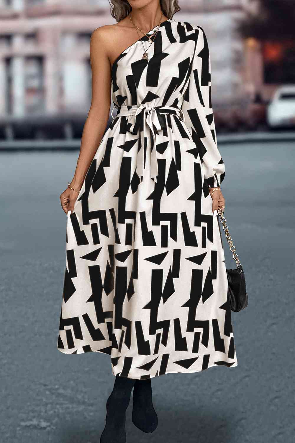 White and Black Printed One-Shoulder Tie Waist Long Dress