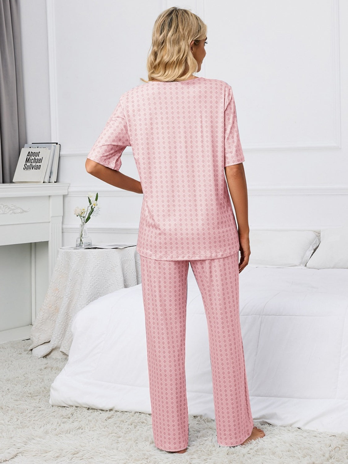 Ladies Pajamas Printed V-Neck Top and Pants Lounge Set