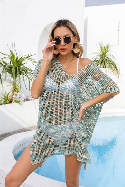 Women's Swimsuit Cover Up Openwork Slit V-Neck White Mesh