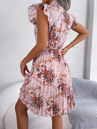 Pleated Floral Printed Tie Neck Knee Length  Short Sleeve Dress