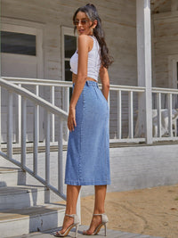 Women's Jean Denim Skirt Button Down High Slit Versatile Fashion Cotton