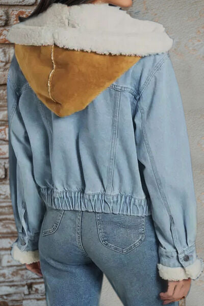 Womens Denim Jacket Hooded Contrast Raw Hem Fuzzy Womens Fashion Light Coats Jacket Cotton