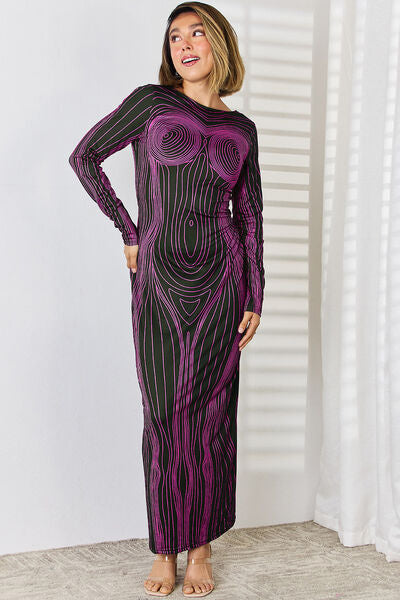 Anatomy Design Cutout Round Neck Long Sleeve Backless Maxi Dress