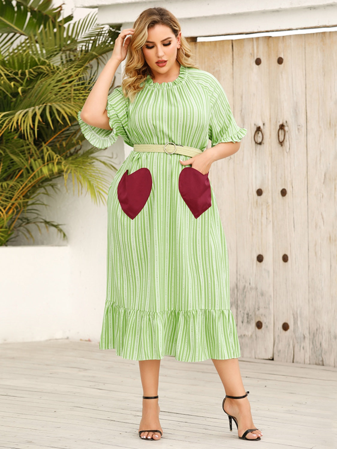 Plus Size Fashion Green Striped Dress With Red Heart Print Half Sleeve Midi Dress