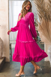 Frill V-Neck Balloon Sleeve Tiered Dress