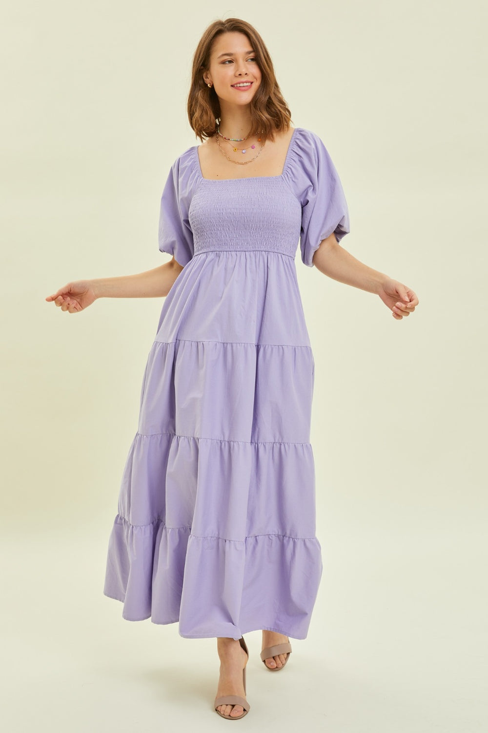 Lilac Puff Sleeve Tiered Ruffled Poplin Long Dress Women's Casual Cotton Short Sleeve Maxi Dresses KESLEY