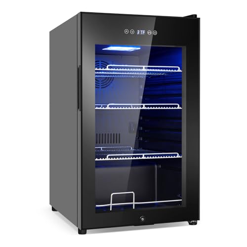 Beverage Refrigerator 17 inch Wide - 126 Can Beverage Cooler with Glass Door | Counter-Top/Freestanding Mini Beverage Beer Fridge | Temperature Memory | Invisible Door | Perfect for Soda, Beer