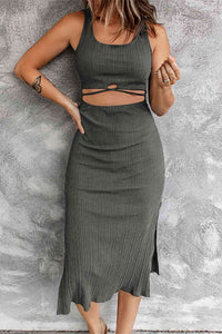 Womens Casual Dress Casual Criss Cross Cutout Scoop Neck Slit Midi Dress