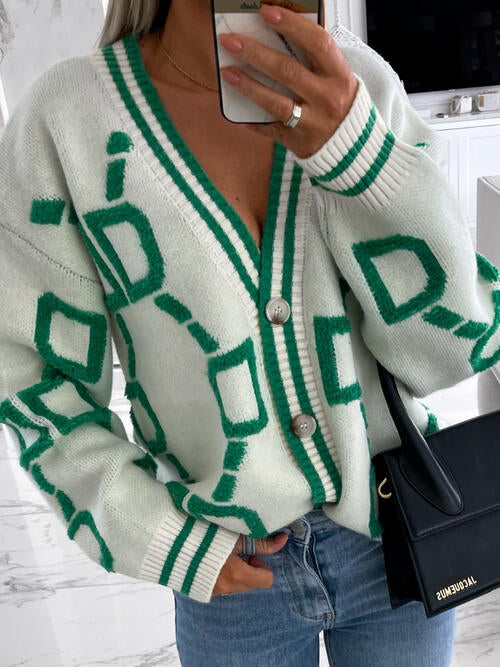 Geometric Dropped Shoulder Button Down Sweater Cardigan