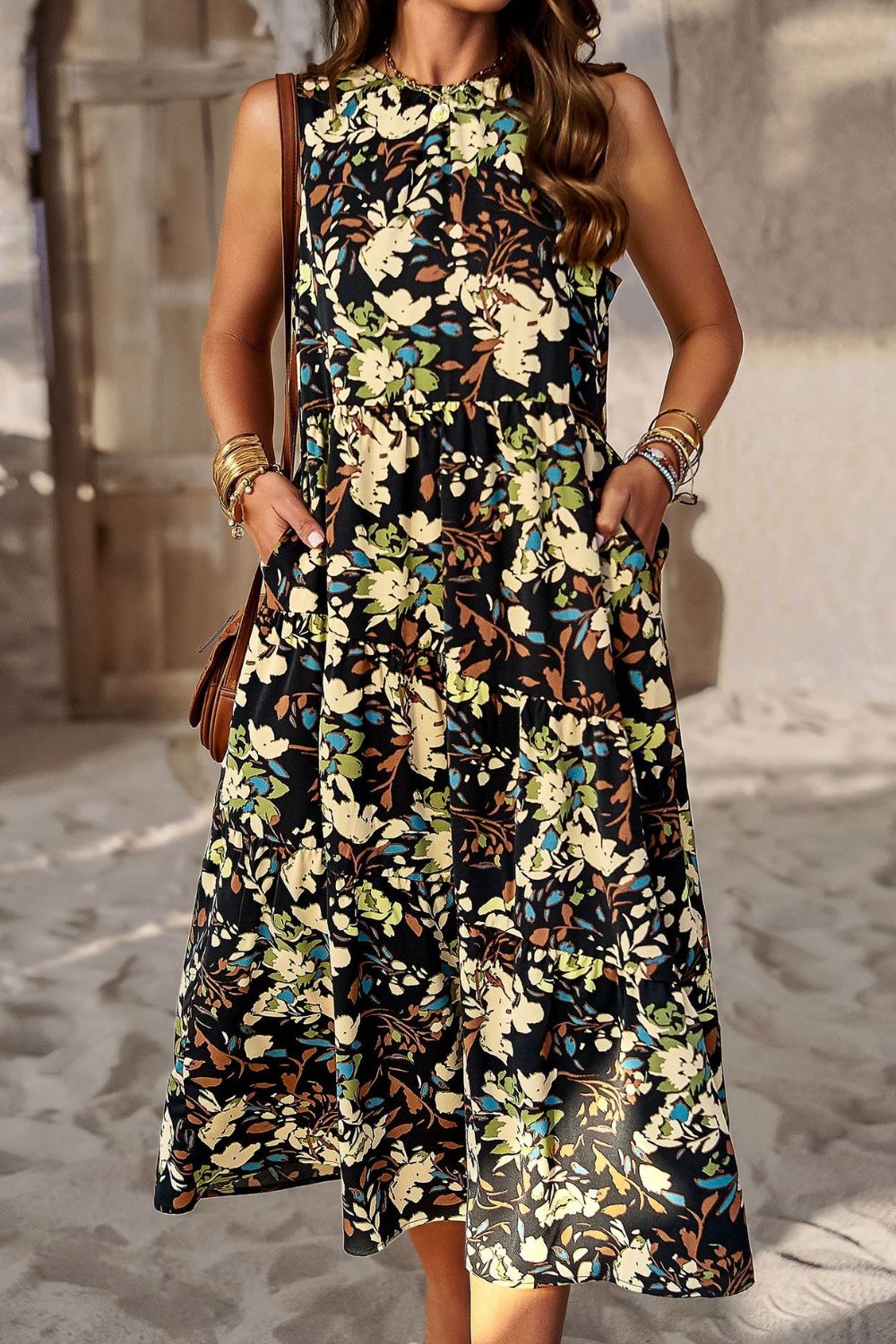 Womens Casual Holiday Vacation Dress Printed Sleeveless Midi Dress with Pocket Maxi dress