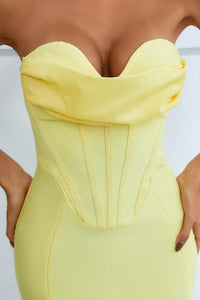 Women's Yellow Seam Detail Strapless Sweetheart Neck Bodycon Midi Long Dress