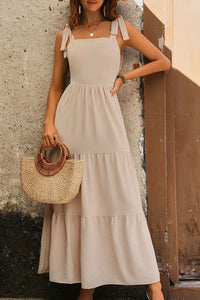 Beige Casual Midi Dress New Women's Fashion Tie Shoulder Smocked Tiered Long Dress