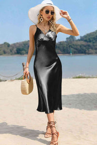 Women's Sexy Vacation Dress Spaghetti Strap Satin Midi Dress