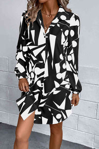 Women's Casual Black and White Geometric Pattern Long Sleeve Shirt Dress