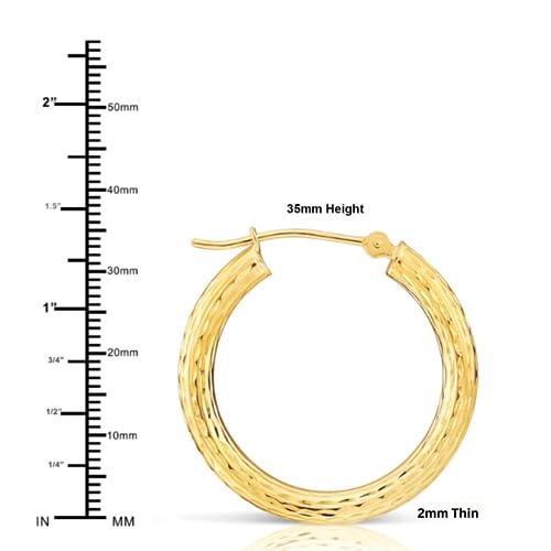 14k Yellow Gold Hand Engraved Full Diamond-cut Round Hoop Earrings (35mm (1.4 inch))