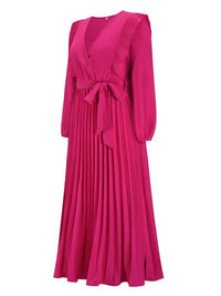 Long Sleeve Maxi Dress Pleated Surplice Waist Tie Midi