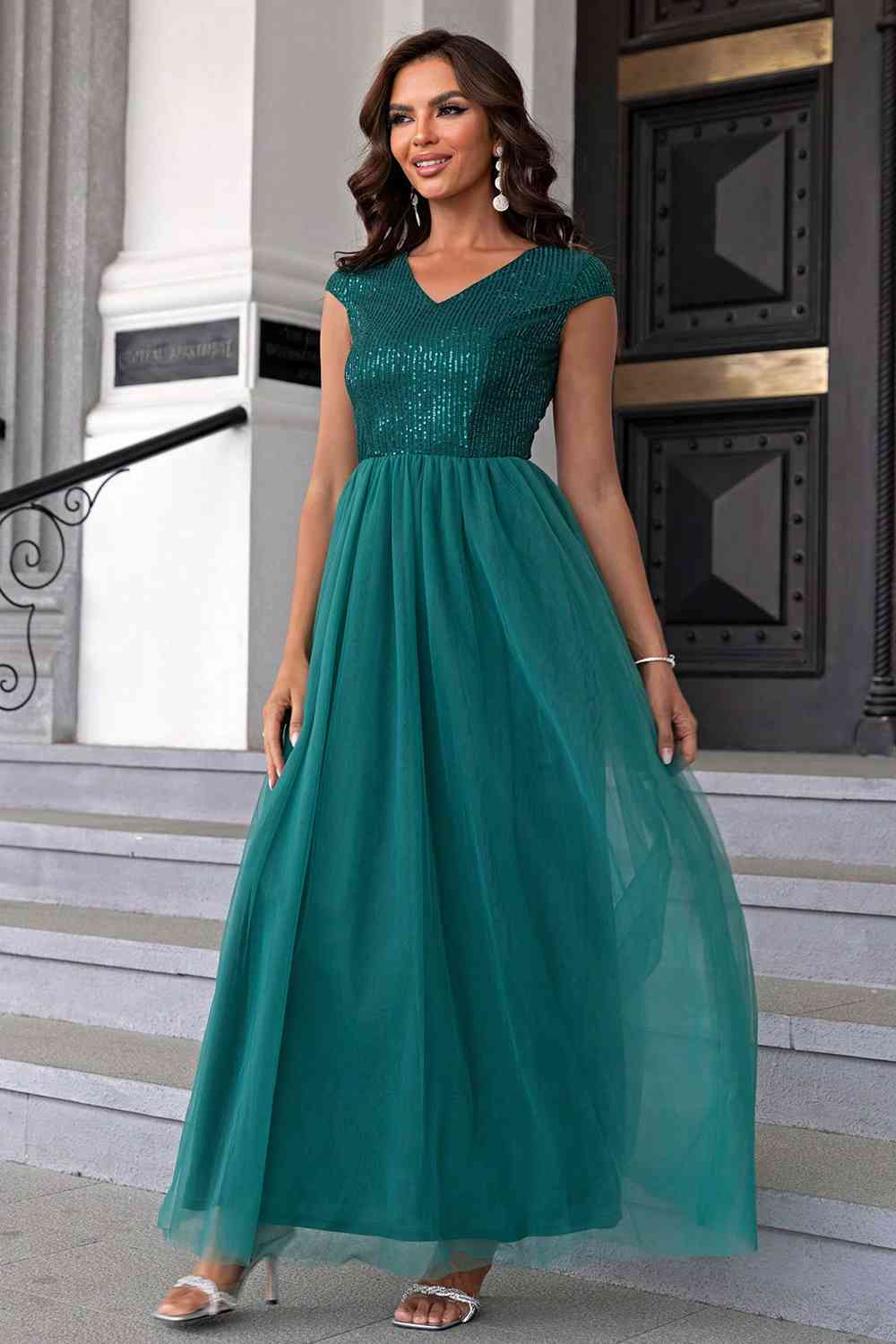 Sequin V-Neck Mesh Puffy Elegant Maxi Formal Party Dress