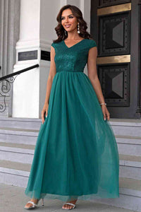 Sequin V-Neck Mesh Puffy Elegant Maxi Formal Party Dress