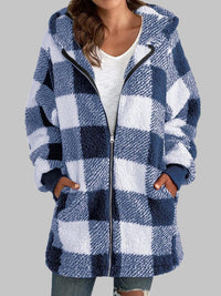 Checkered Plaid Zip-Up Hooded Jacket with Pockets