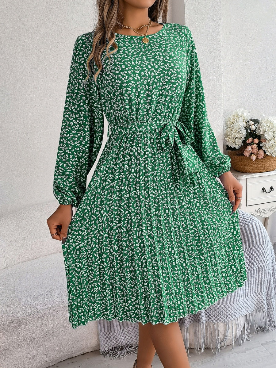 Ditsy Floral Tie Waist Pleated Long Sleeve Dress Women's Casual Wear and Workwear Fashion