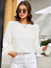 Solid Color Long Sleeve Shirt Women's Fashion Top Round Neck Balloon Sleeve Blouse