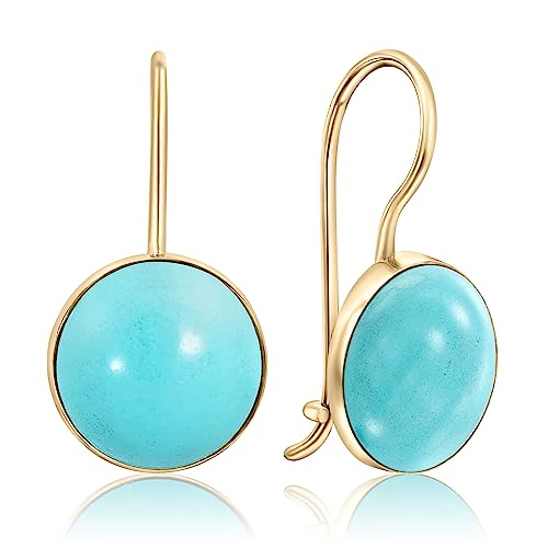 14K Gold Turquoise Earrings, 14K Solid Yellow Gold, Dainty Dangle Drop Earrings, December Birthstone, 8mm Turquoise Gemstone, Simple Handmade Gift for Classy Women