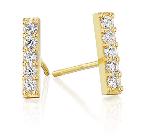 14K Solid Gold Cubic Zirconia Pave CZ Dainty Mini Bar Studs, Small Linear Bar Fine Jewelry Women's Stud Earrings (Yellow Gold)