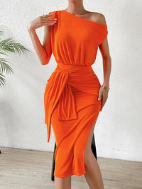 Women's Fashion Tie Front Off The Shoulder Orange High Slit Dress