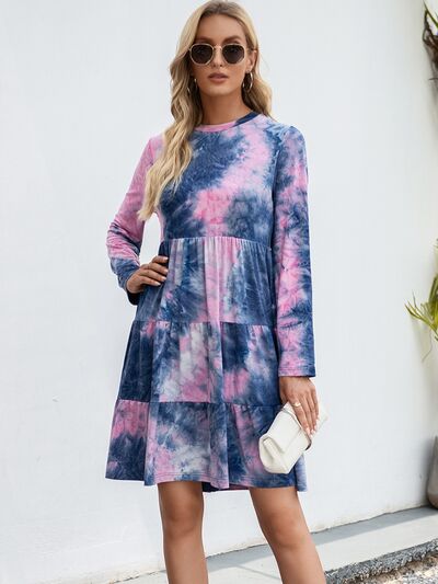 Womens Fashion Dress Tie-Dye Round Neck Long Sleeve Tiered Dress