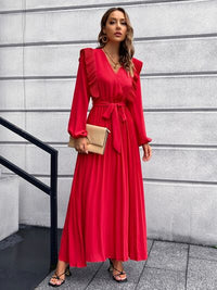 Long Sleeve Maxi Dress Pleated Surplice Waist Tie Midi