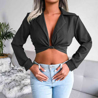 Long Sleeve Shirt Knot Detail Collared Cropped Top