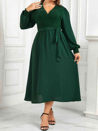 Plus Size Dress Green Surplice Neck Tie Waist Long Sleeve Midi Dress Casual Wear and Workwear