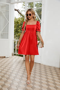 Casual Day Dress Women's Fashion Ruched Square Neck Flounce Sleeve Mini Dress