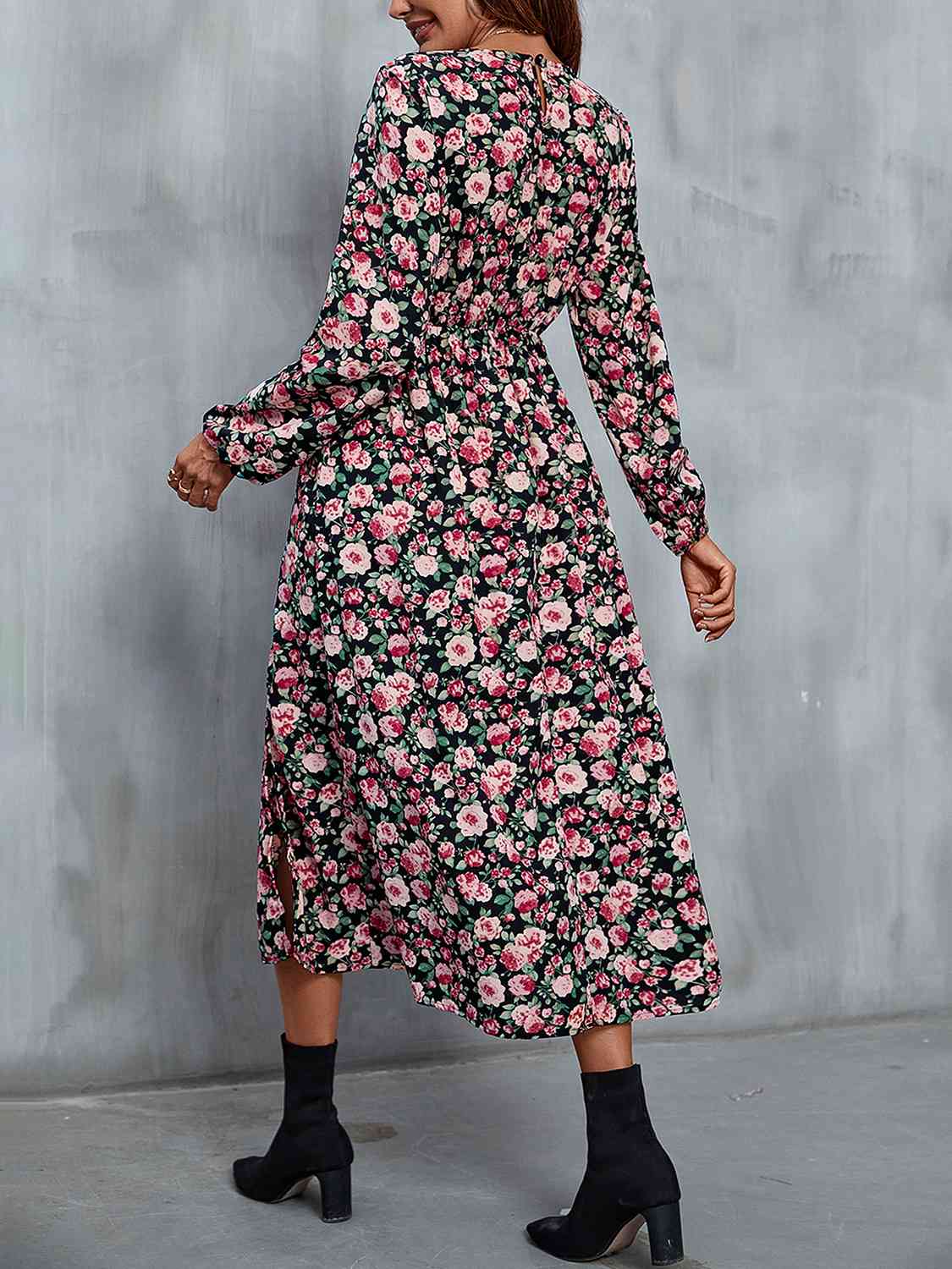 Floral V-Neck Slit Long Sleeve Midi Dress