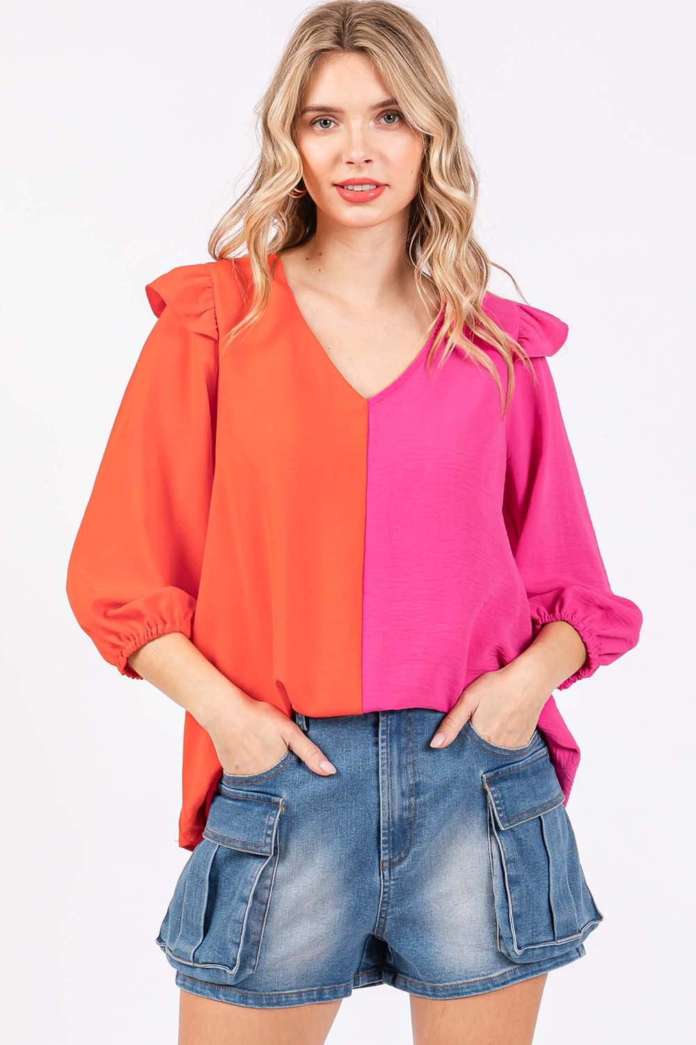 Colorblock Shirt  Women's Fashion Pink and Orange Ruffle Trim Contrast Blouse Petite and Plus Size Fashion