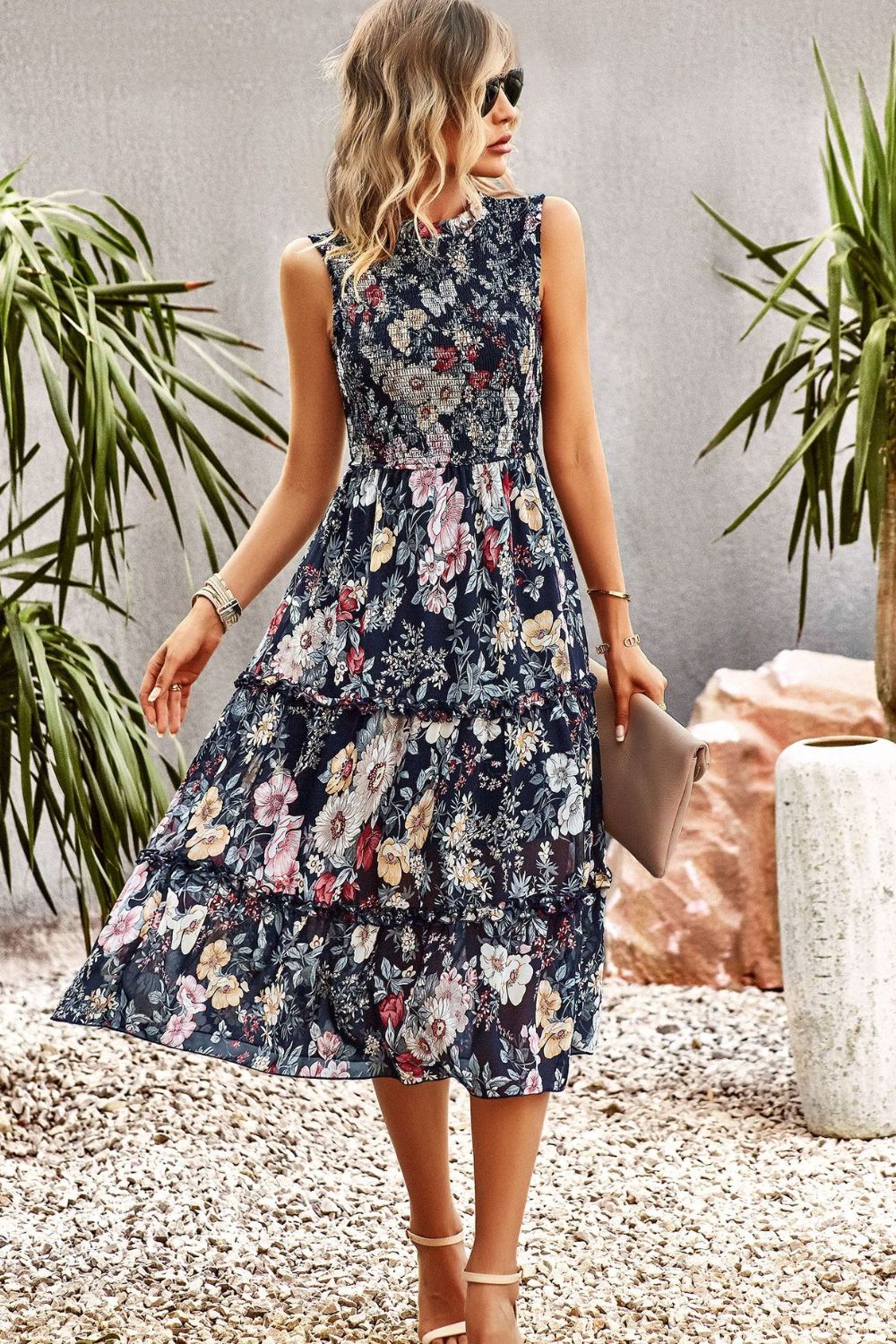 Frill Trim Smocked Sleeveless Floral Midi Dress