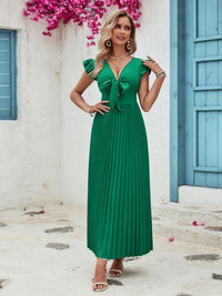 Women's Green Short Sleeve Tied Ruffled V-Neck Pleated Midi Dress