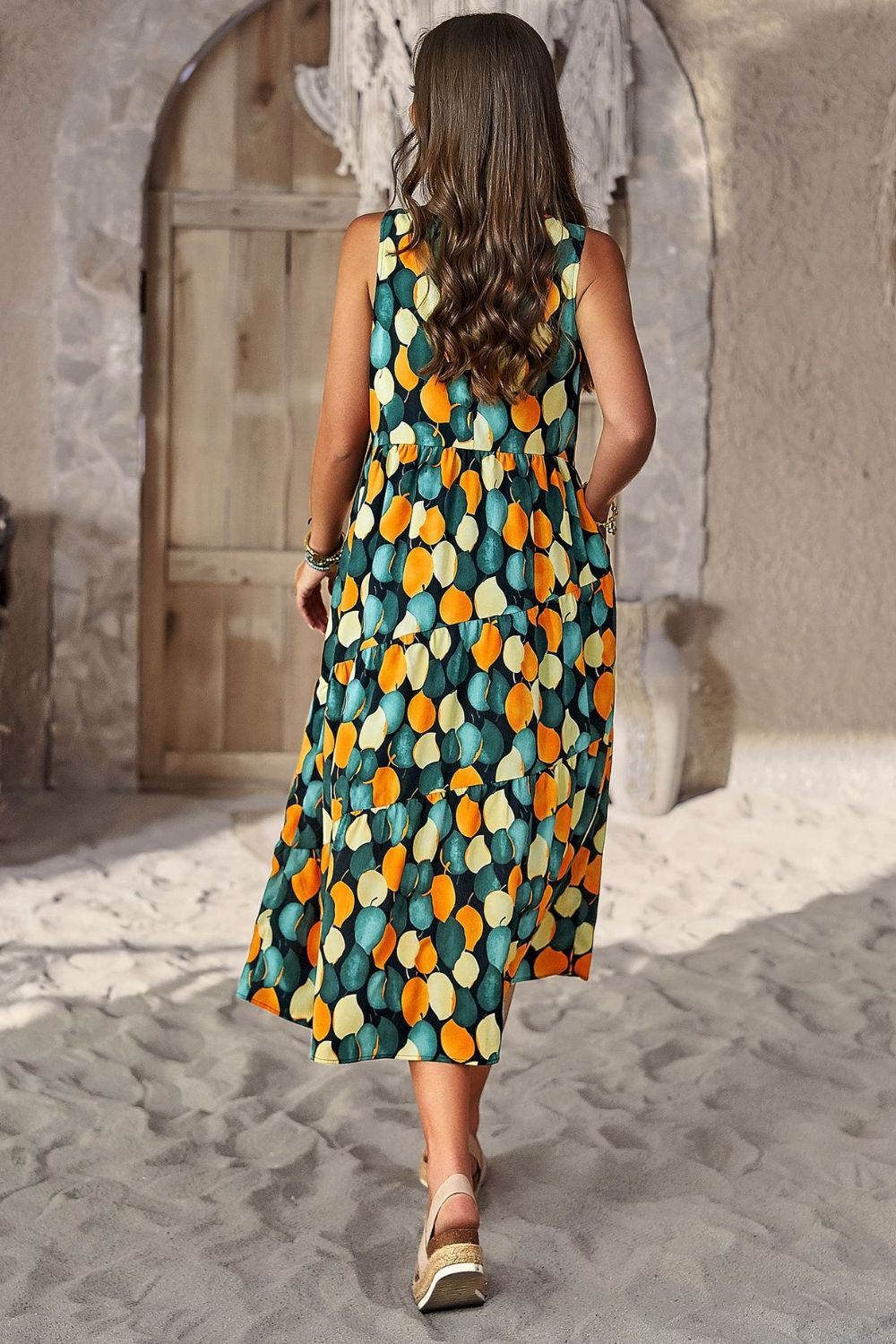 Womens Casual Holiday Vacation Dress Printed Sleeveless Midi Dress with Pocket Maxi dress